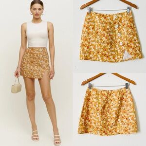 Reformation SIZE 4 Taylor 100% linen orange floral mini button skirt